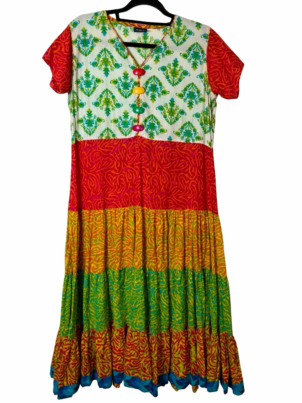 RAV-E Colorful Tiered Midi Dress XL Boho Art to Wear Button Front Resort - Picture 11 of 15